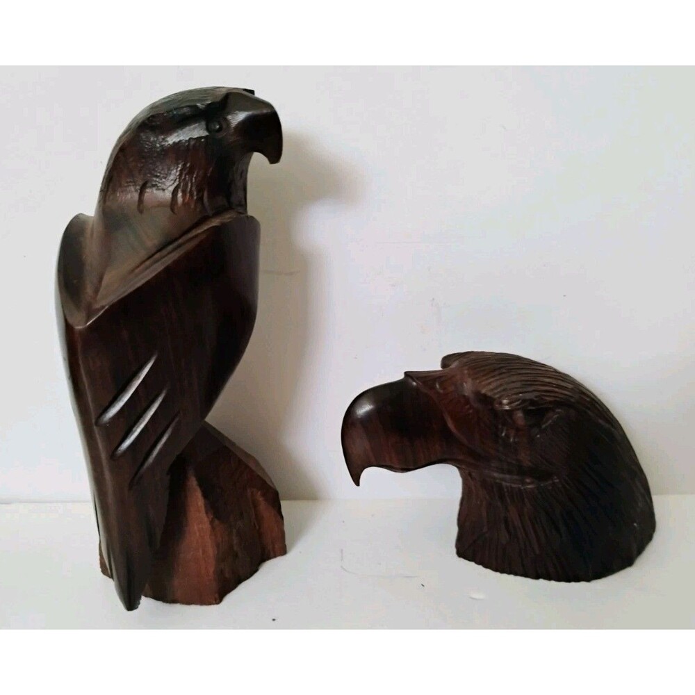 Vintage Hand Carved Ironwood Eagle Sculptures Lot of 2 Statue Bust Figure